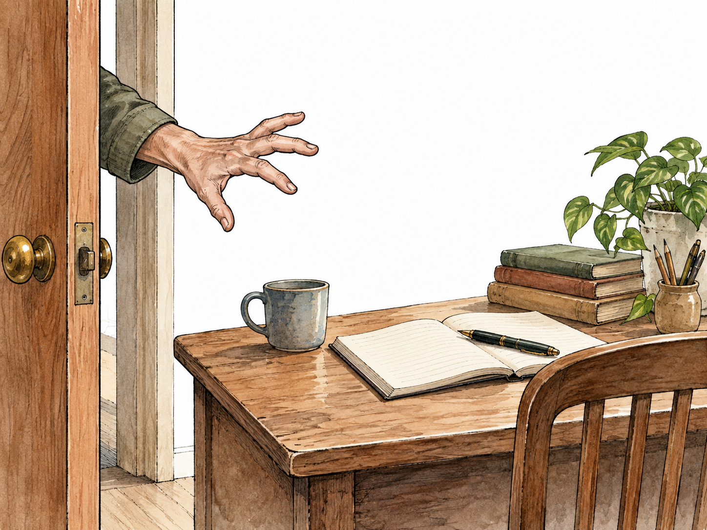 A hand from outside interrupts a quiet writing desk by pushing through the doorway.