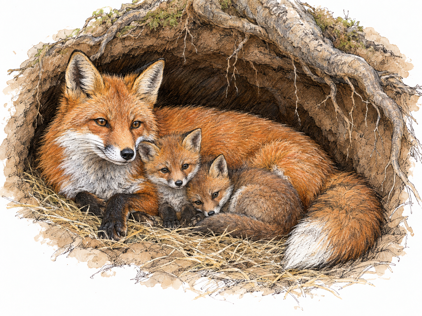 A red fox resting inside its established woodland den, with two kits nestled beside it, makes an inhabitant visibly belong to a particular place.