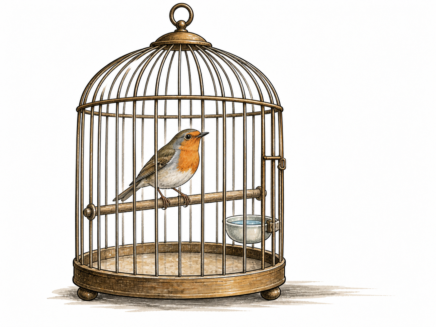 A small bird inside a roomy barred cage with perch and water dish, clear cage structure.
