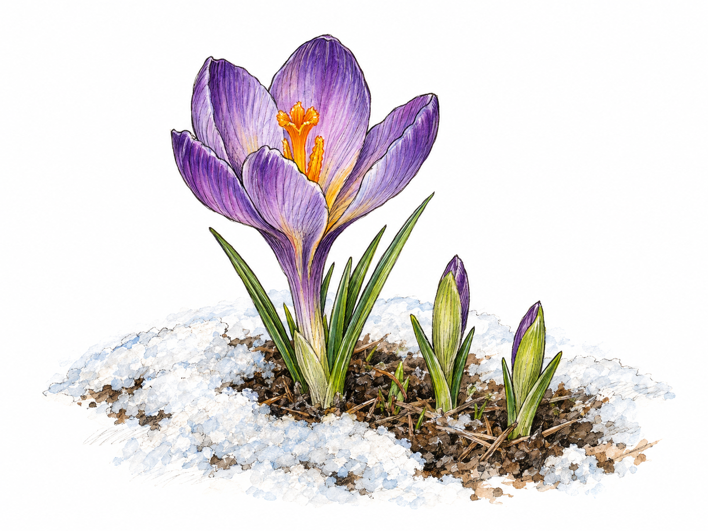 A first flowering crocus emerging through melting snow serves as a harbinger of spring, with a few nearby shoots just beginning to emerge.