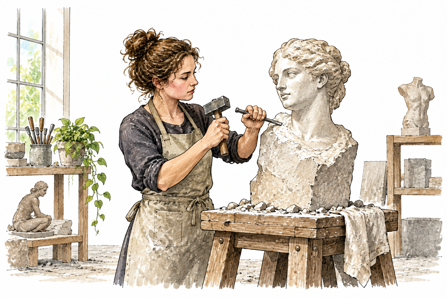 A white sculptor works on a stone bust in a bright practical studio.