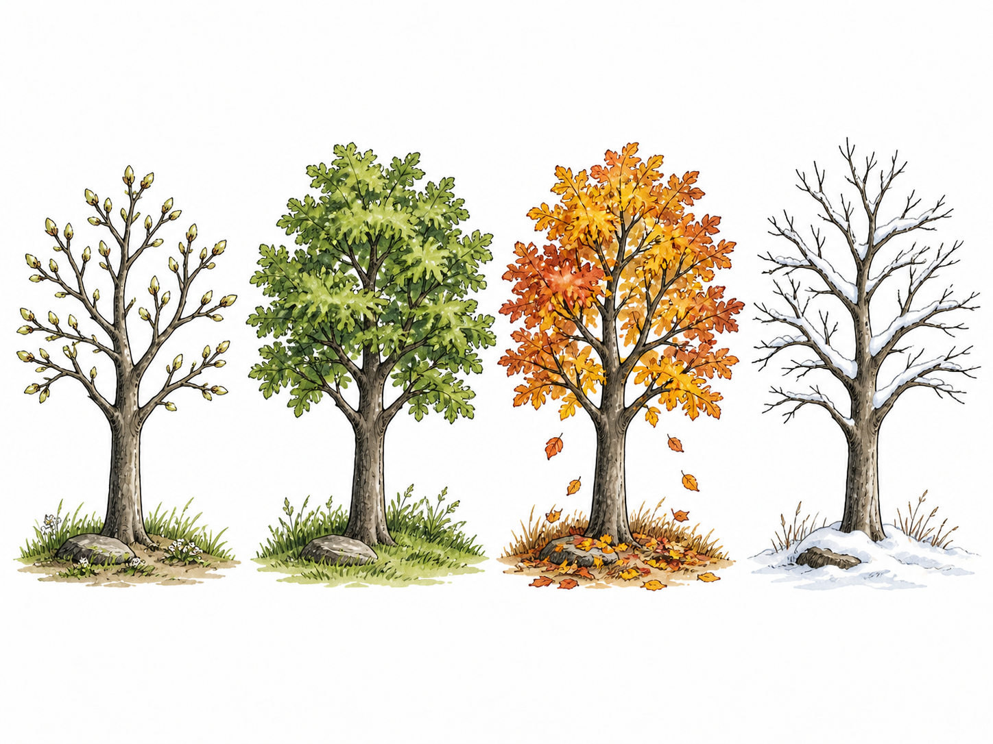 One tree shown in four adjacent seasonal vignettes: buds, green leaves, autumn leaves, bare snow-covered branches.