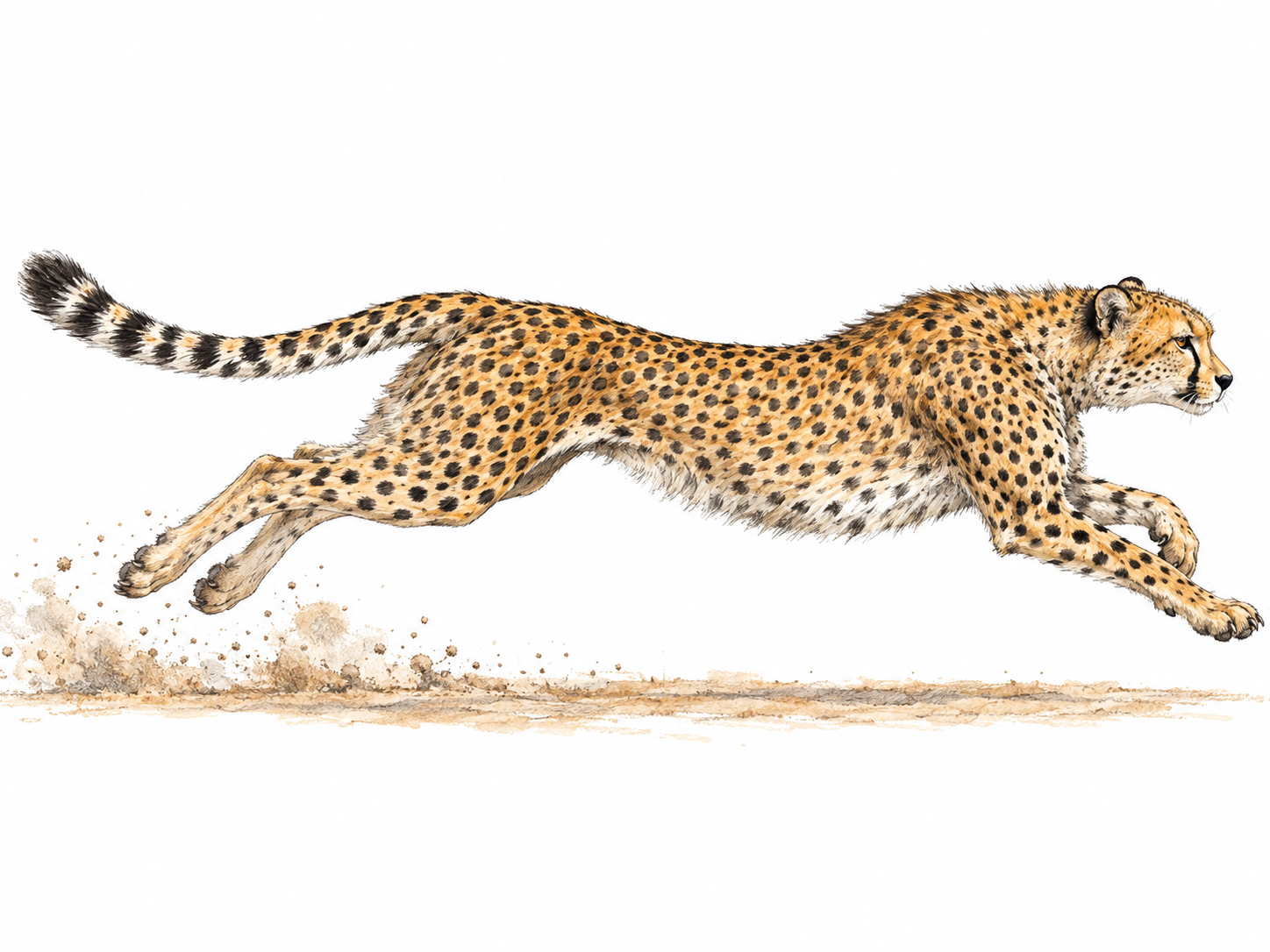 A cheetah in full-speed pursuit of a small windblown tuft of dust, shown in an unmistakable airborne sprint with its body extended and dust streaming behind its paws.