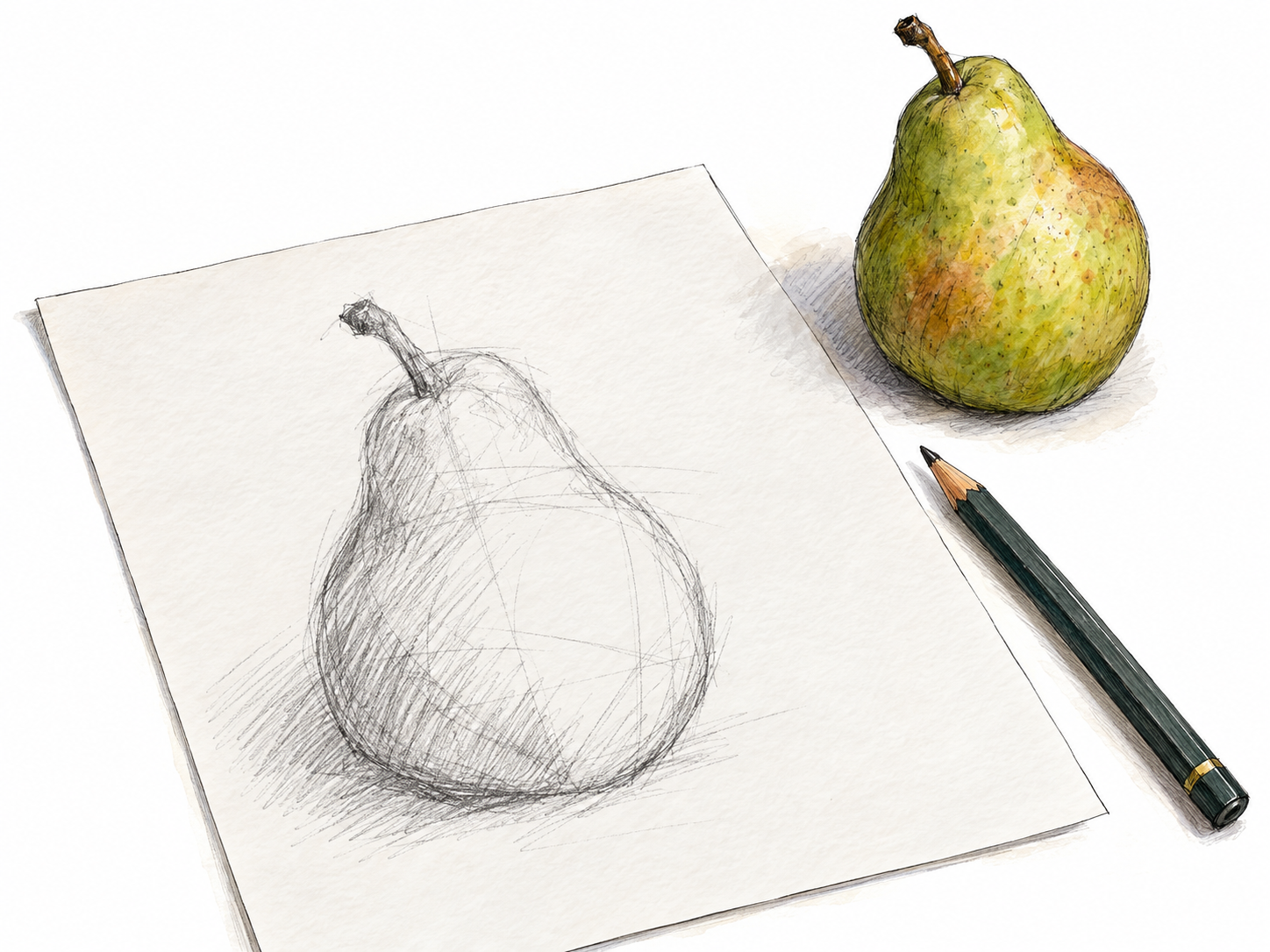 An unfinished pencil sketch of a pear on a loose sheet, beside the actual pear and a graphite pencil.