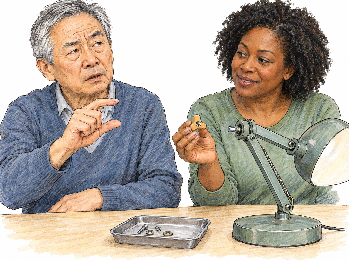 A man identifies a small household fitting by its shape rather than its name, and a woman selects the matching thing for him.