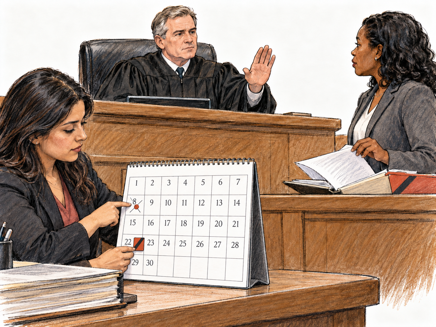 An active court hearing is put over to a later date: beside the paused proceeding, a court clerk transfers its distinctive case marker from an earlier calendar date to a date two weeks later.