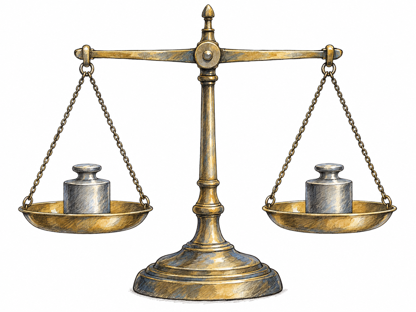 A freestanding two-pan weighing scale at rest, with a perfectly horizontal beam and identical weights arranged symmetrically in pans hanging at equal height.