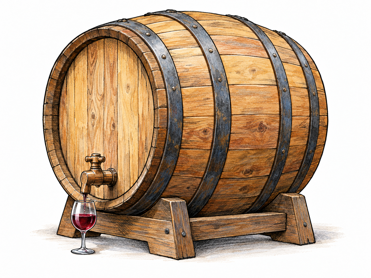 A large oak cask resting horizontally on a low cradle, with a wooden tap and a small glass of red wine beneath it.
