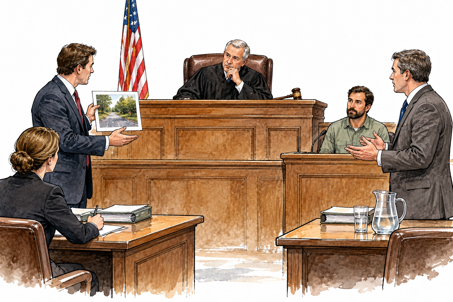 An orderly court hearing with judge examining evidence and both parties presenting their sides, formal judgment process, no writing.