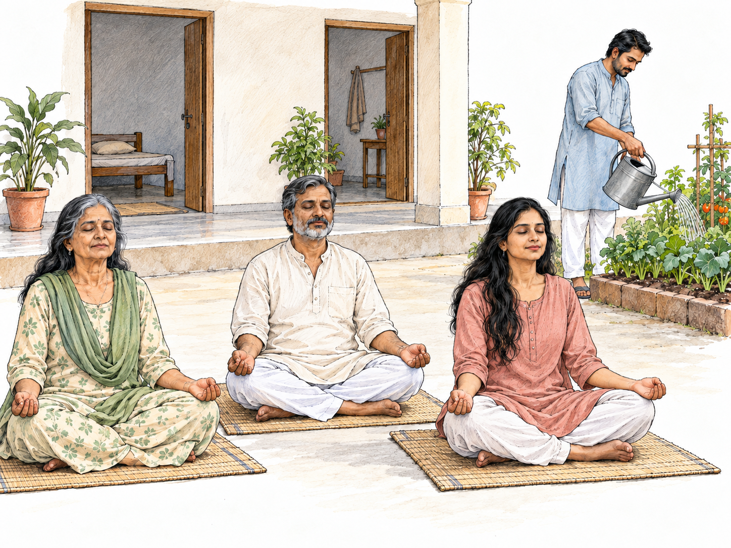 A small Indian spiritual retreat shown as a communal place: residents meditate together in the courtyard of a modest residential hermitage, with a resident tending the shared garden nearby.