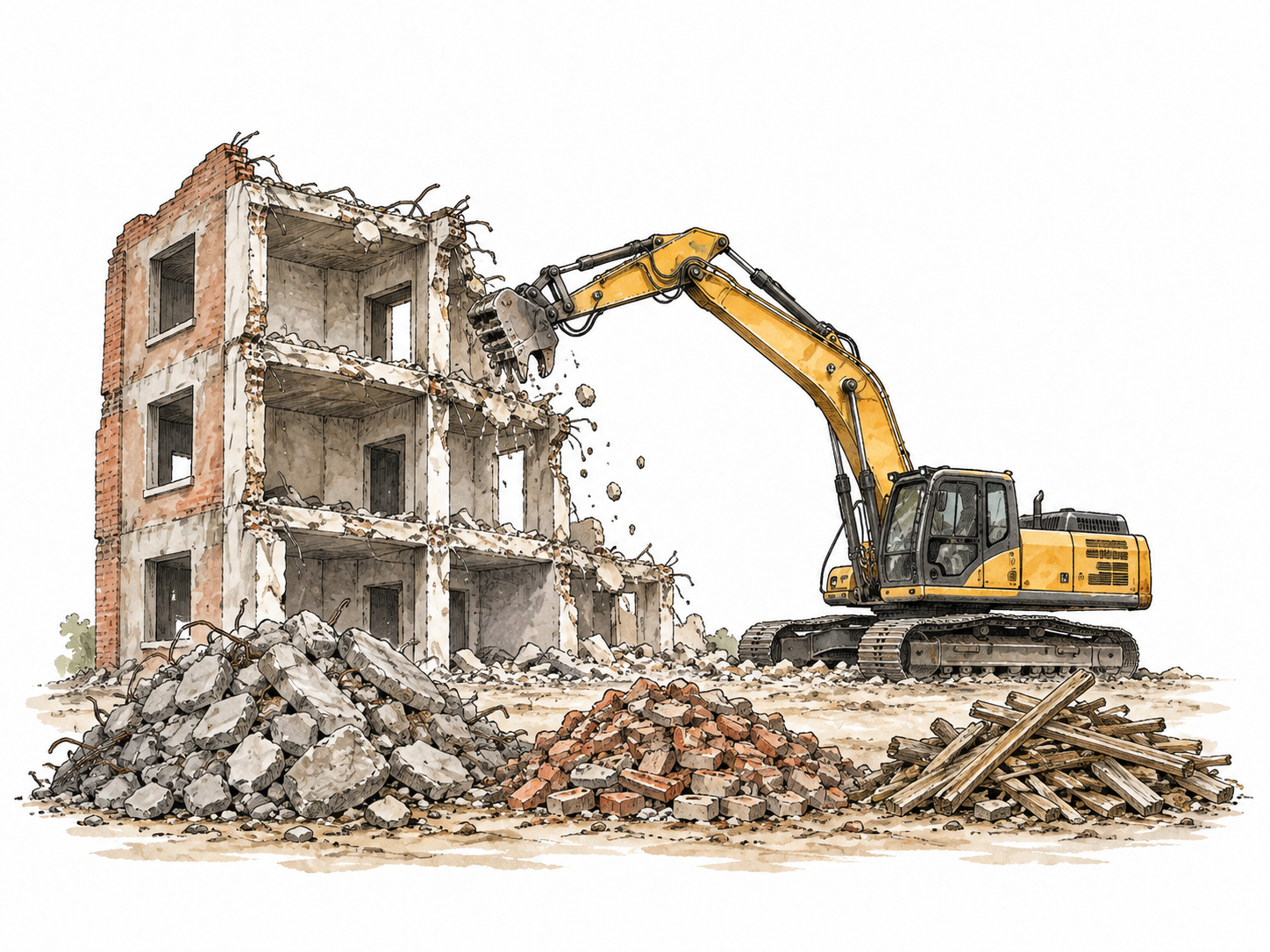 A partly demolished empty building with excavator and neatly separated rubble piles, work in progress.