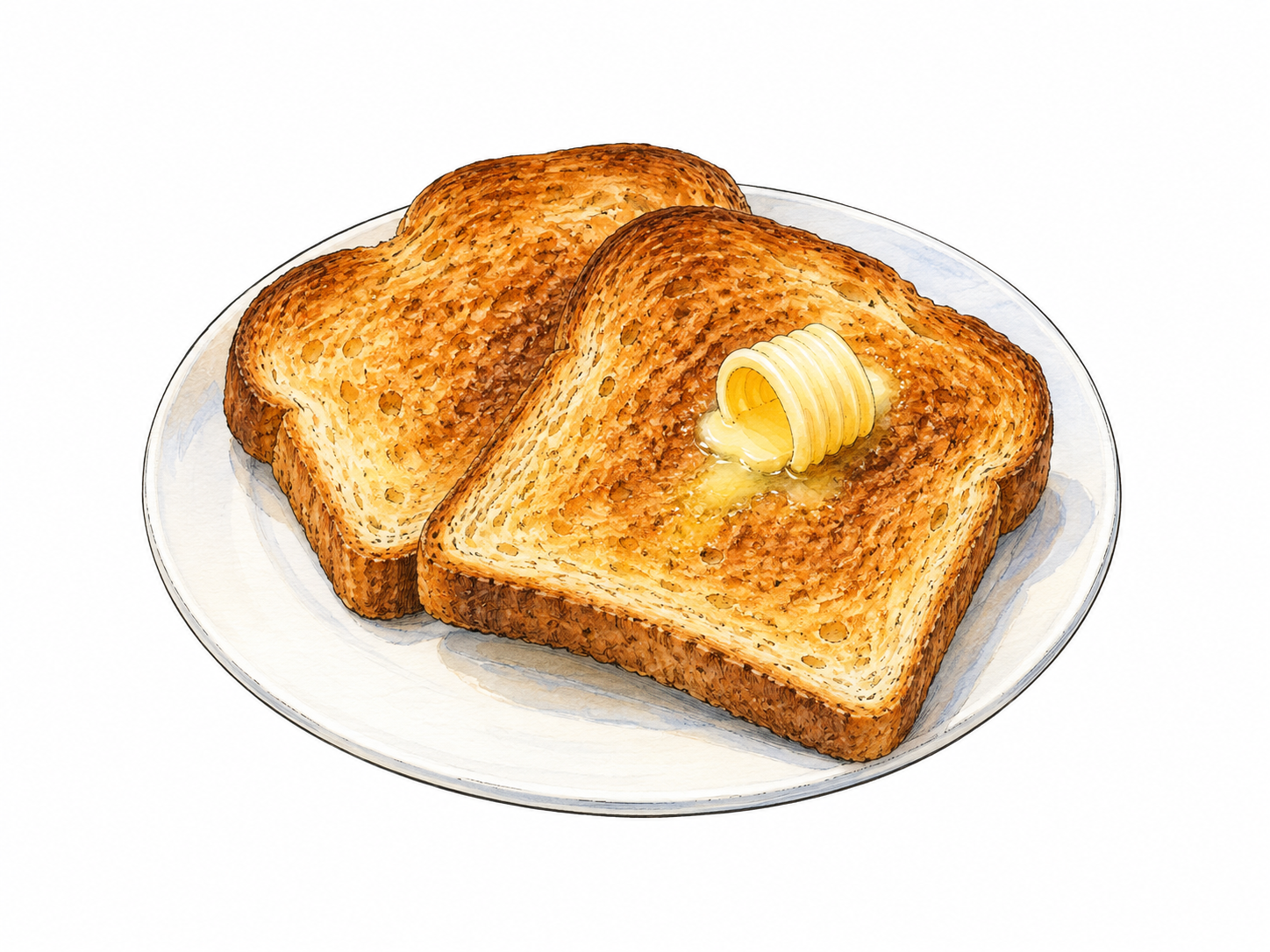 Two crisp golden-brown slices of toast on a plain white plate, one slightly overlapping the other, with clearly toasted porous surfaces and browned crust.
