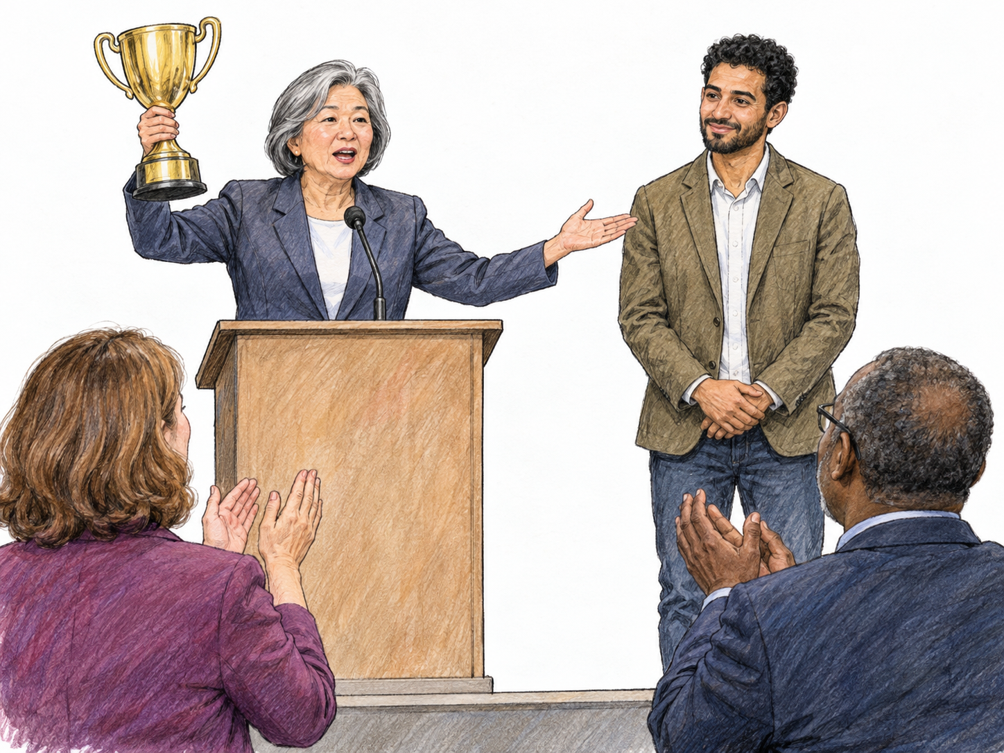 An official publicly announces a ceremonial result from a microphone-equipped lectern, presenting a large gold winner's cup toward an applauding recipient and audience.