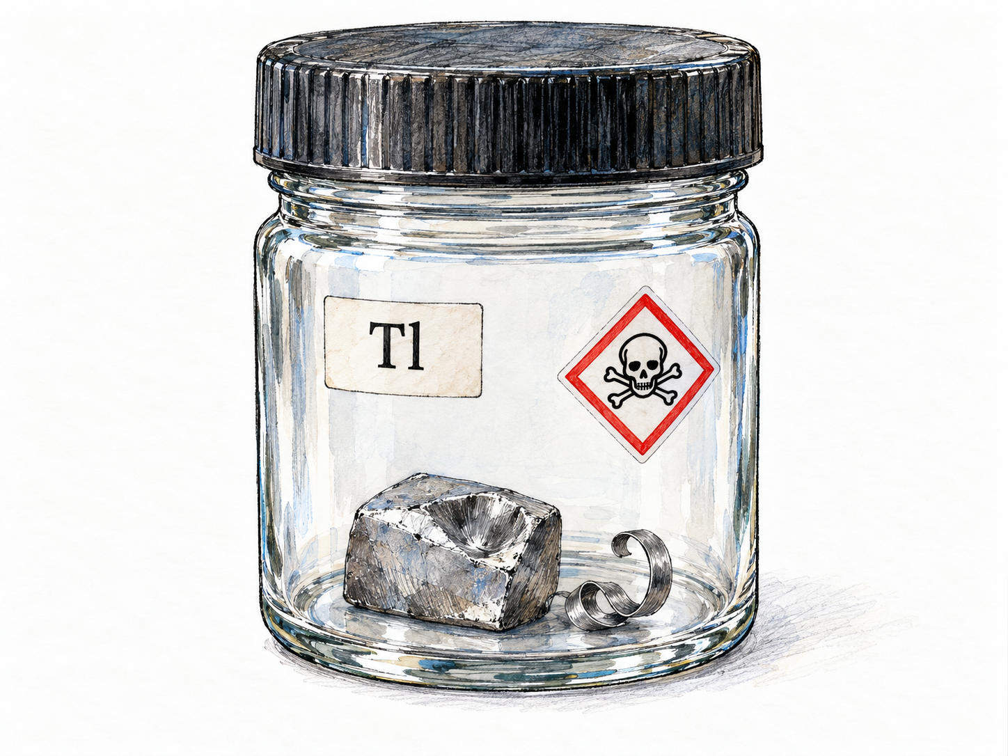 A sealed laboratory specimen jar containing a dull silvery-gray metal piece with a deep indentation and curled shaving suggesting softness.