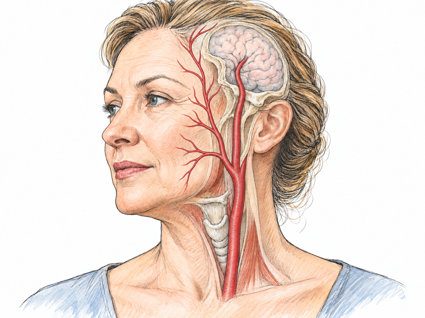 A simplified head-and-neck cutaway preserves the recognizable carotid route and branching while replacing atlas-like surface modeling with visibly handmade editorial ink.