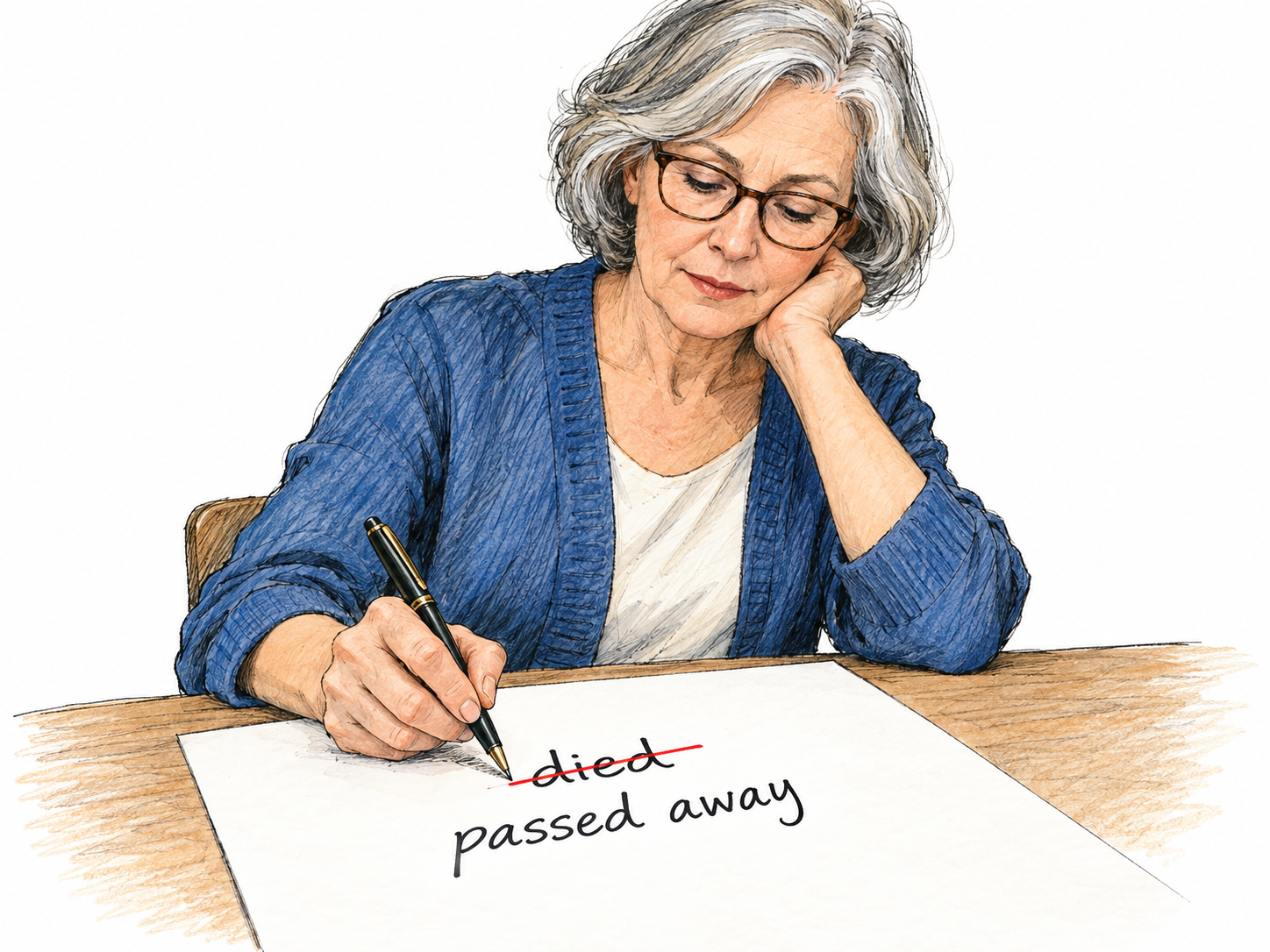 An older editor replaces the blunt word “died” with “passed away” in a short writing example, demonstrating a milder expression substituted for a direct one.