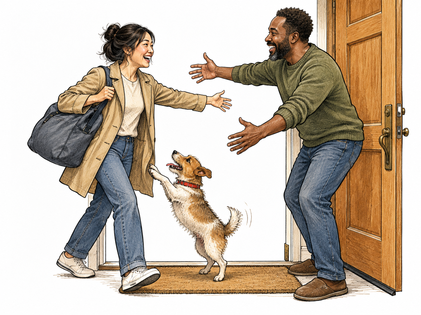 An adult arrives home with a bag and is welcomed by a partner and small dog at an open door.