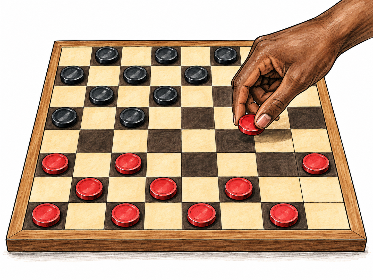 A regulation 8-by-8 checkerboard with exactly alternating light and dark squares and plain round black and red checkers all on dark squares.