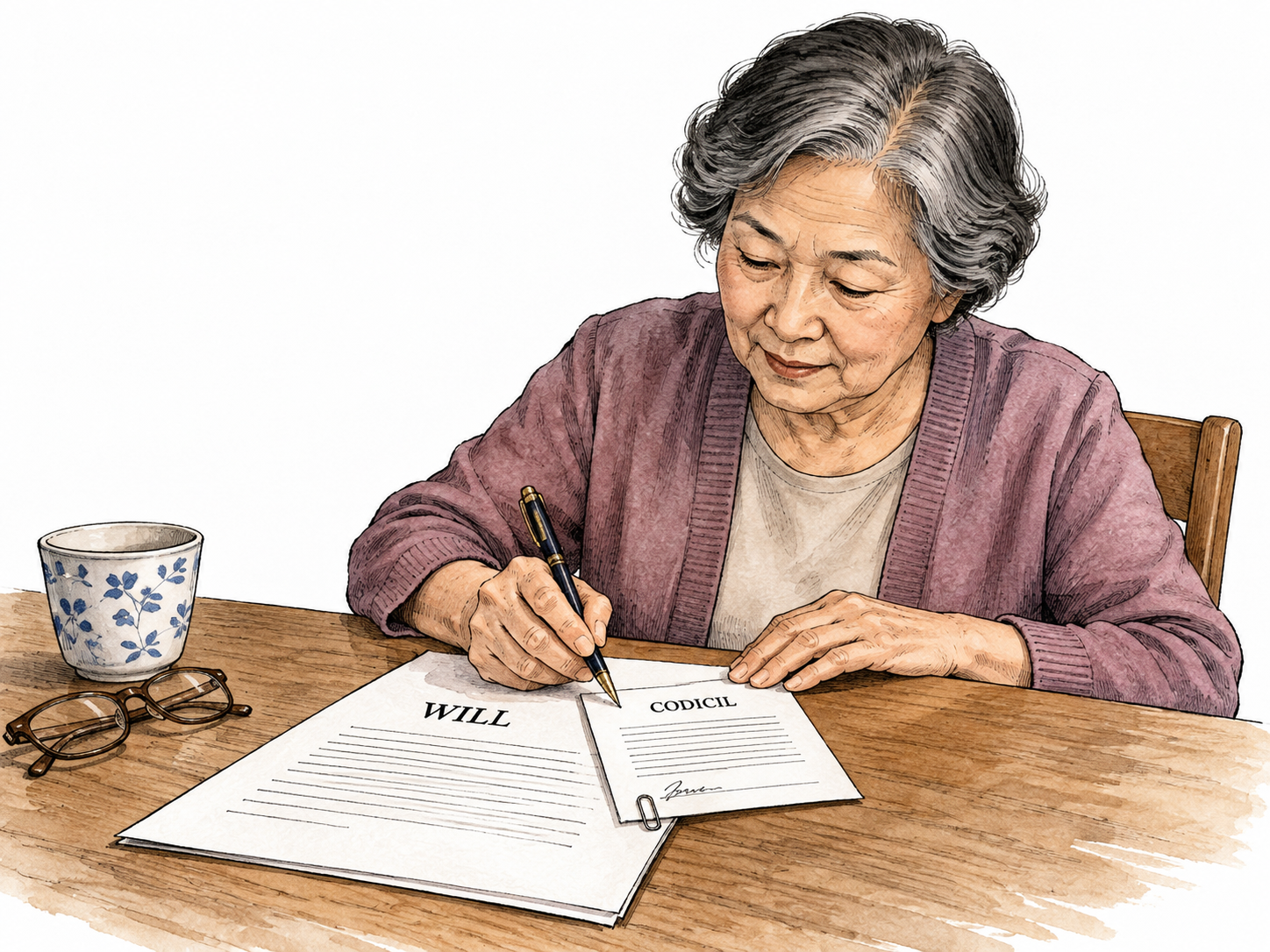 Older East Asian woman signs small amendment attached to document clearly labeled WILL and CODICIL.