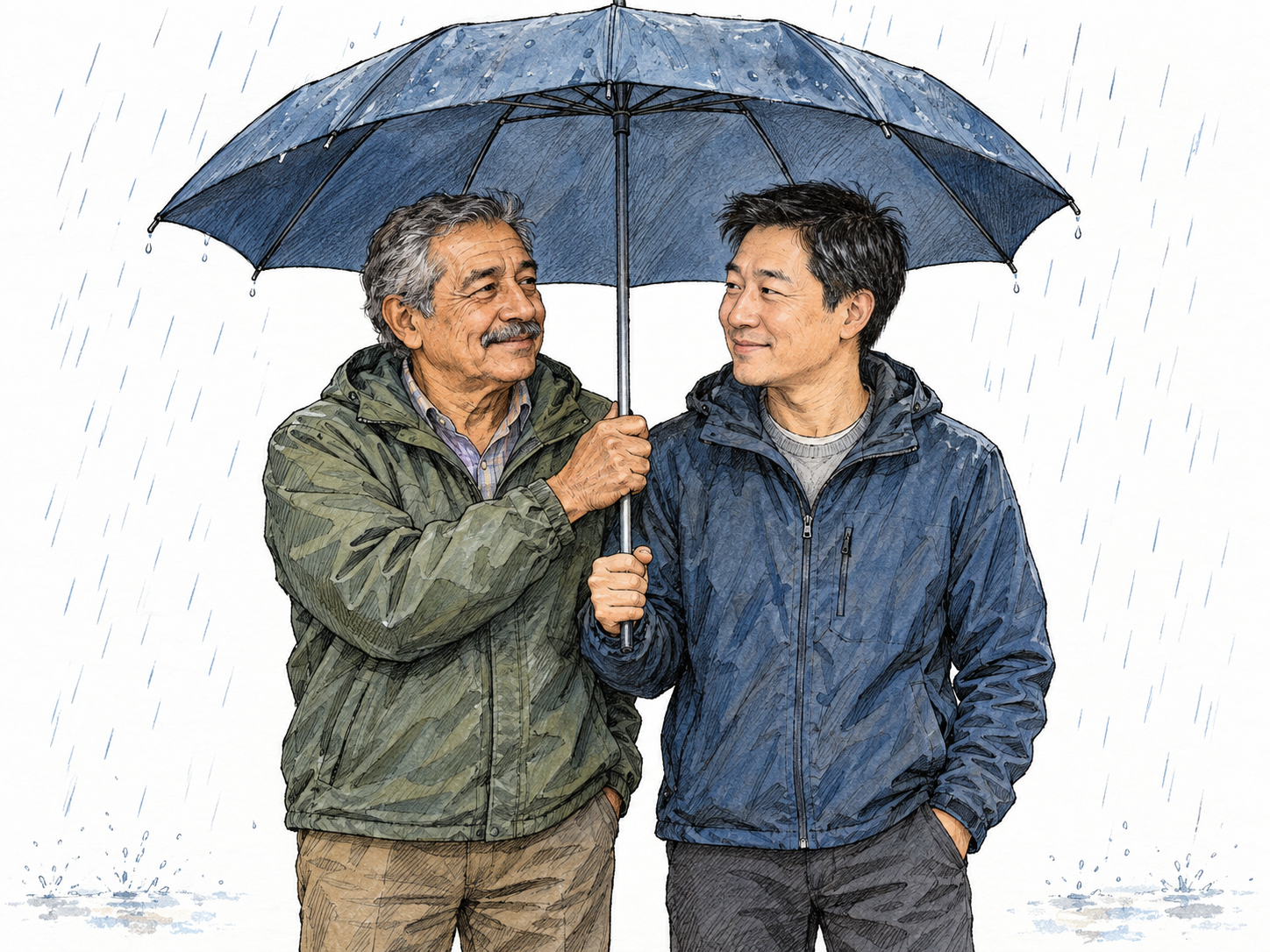 Two men stand side by side beneath one umbrella, both holding its central shaft while rain falls beyond the canopy.