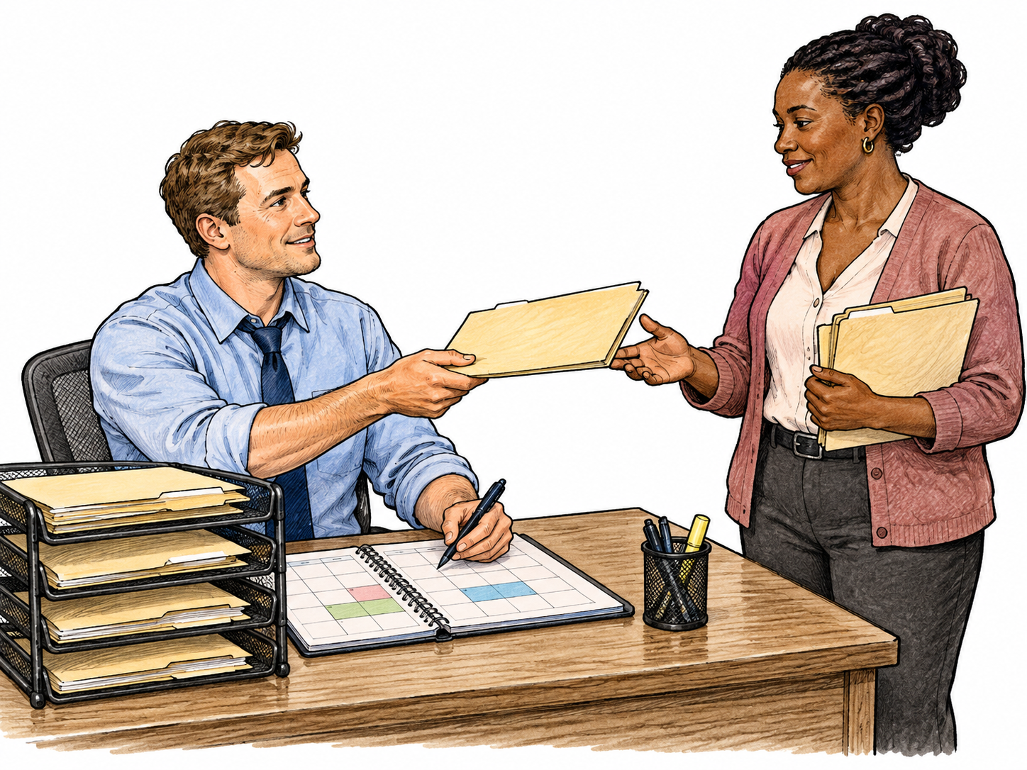 Office coordinator files folders and checks a simple appointment grid while another employee receives a folder.