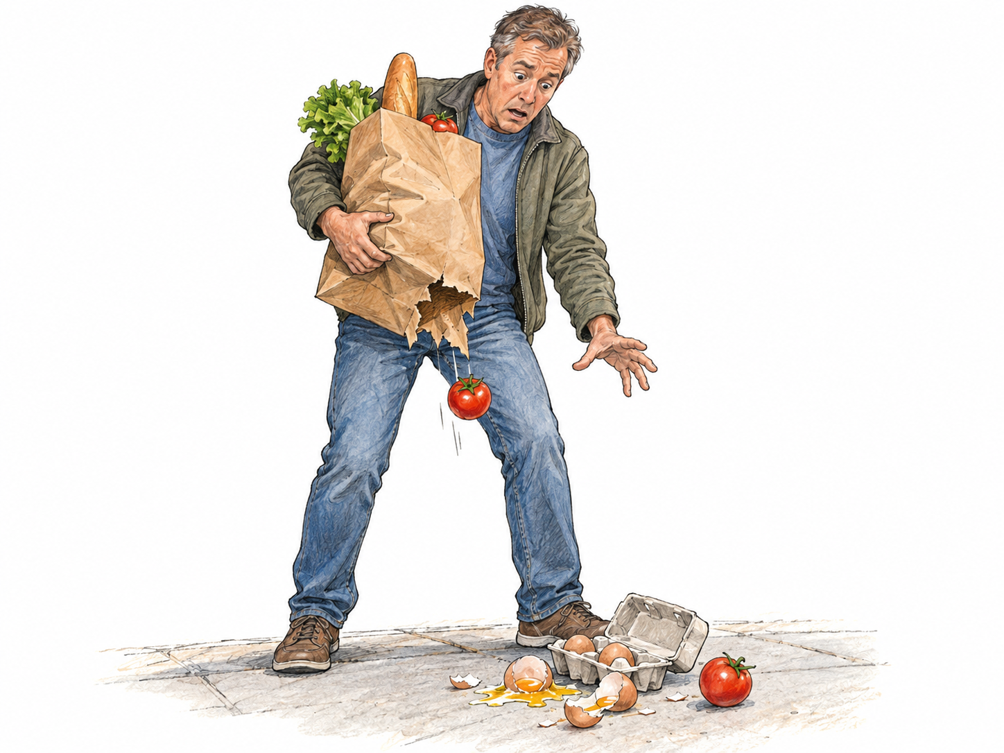 A grocery bag unexpectedly tears open while a man carries it, dropping eggs and tomatoes onto the pavement in a small, clearly unfortunate mishap.