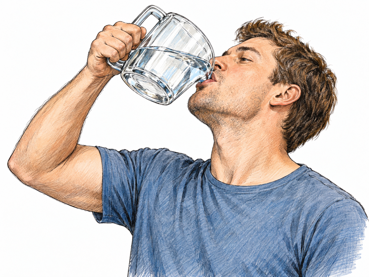 A thirsty young man takes a deep, hearty draught from a large clear mug of water, tipping both the mug and his head well back.