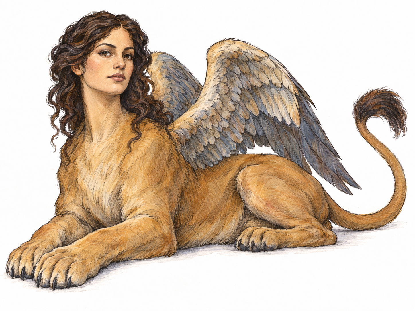 A single Greek mythological sphinx shown in three-quarter view, with an adult woman's human head seamlessly joined to a reclining lion's body.