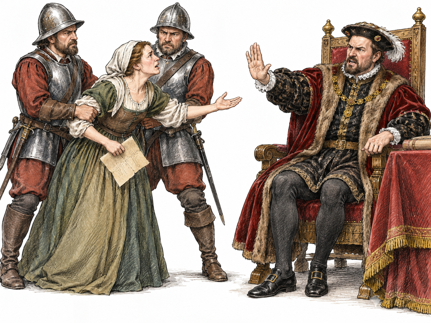 A fictional ruler angrily denies a reasonable petition while two guards block an adult petitioner, showing cruel unfair use of power; no physical injury or real political figure.