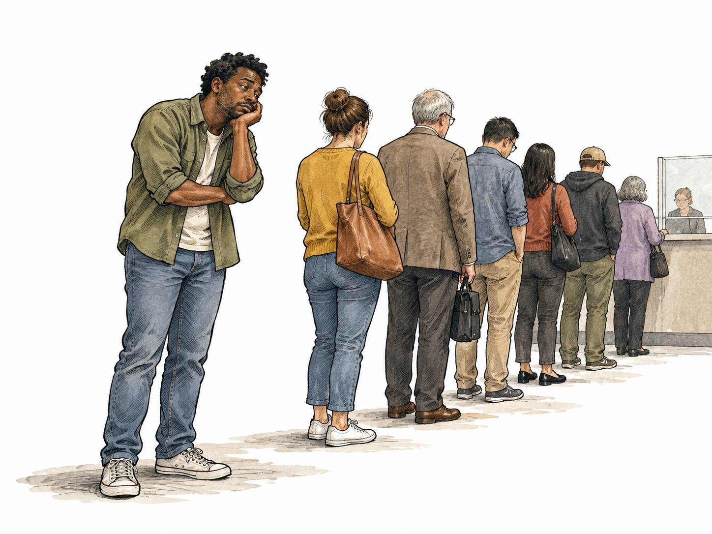 A bored Black adult watches a long monotonous queue inch forward, chin resting on one hand.