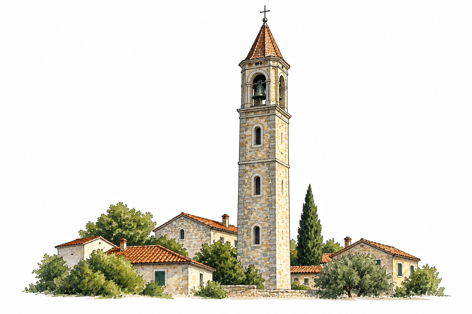 A tall narrow bell tower rising prominently above surrounding low buildings, no people necessary.