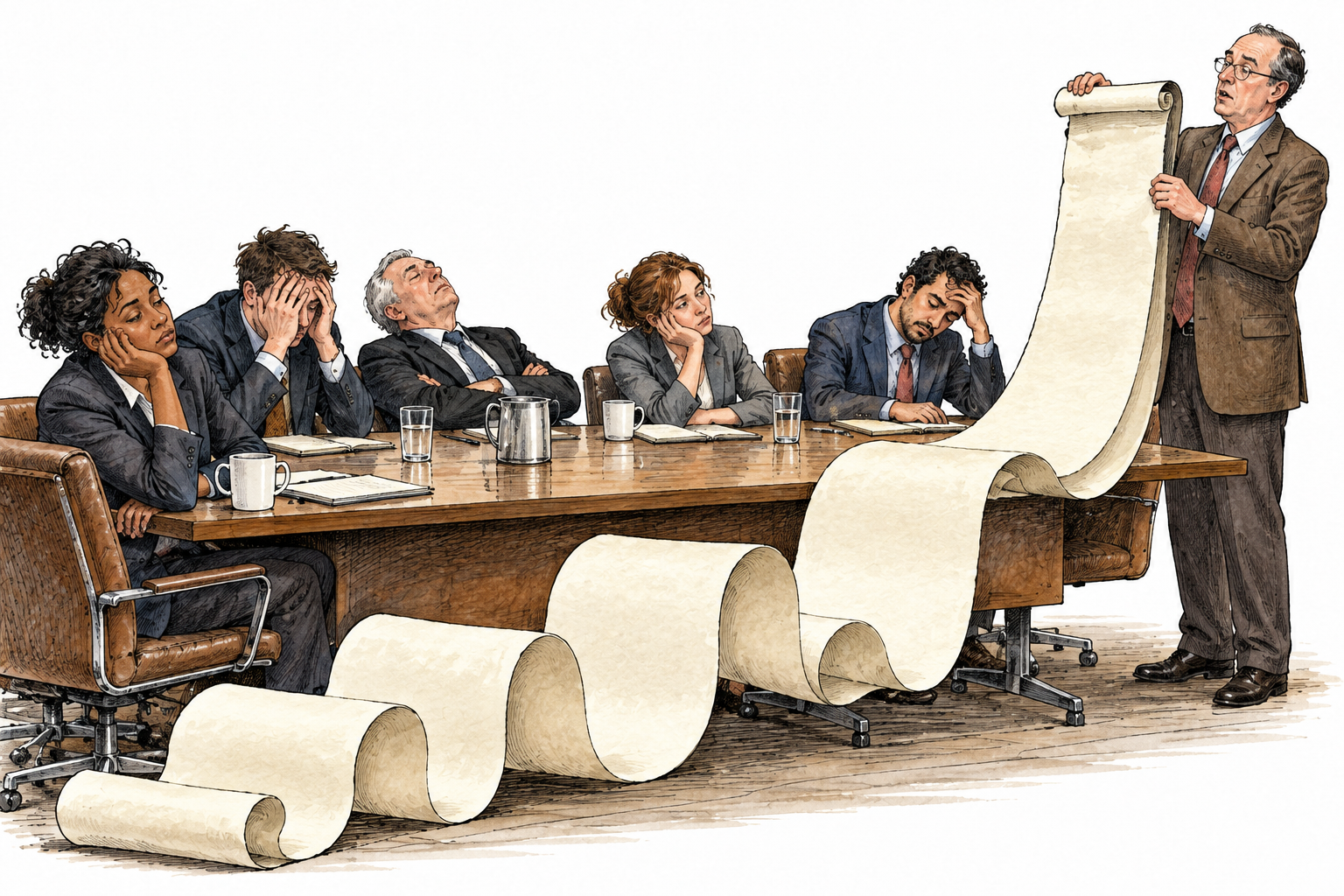A tedious meeting drags on while a speaker keeps unrolling an excessively long blank scroll and exhausted attendees slump, unnecessary prolonging.