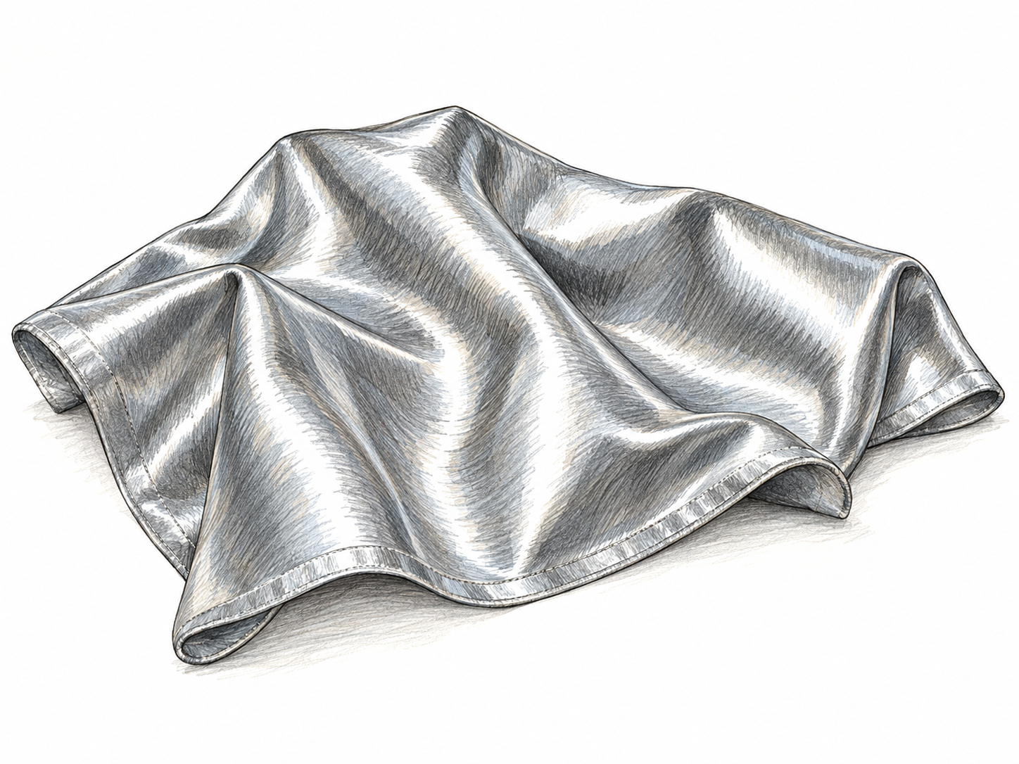 A close-up of silver metallic fabric folded into broad ripples, its bright reflected bands and dark steel-gray troughs making the metal-like appearance immediately visible.