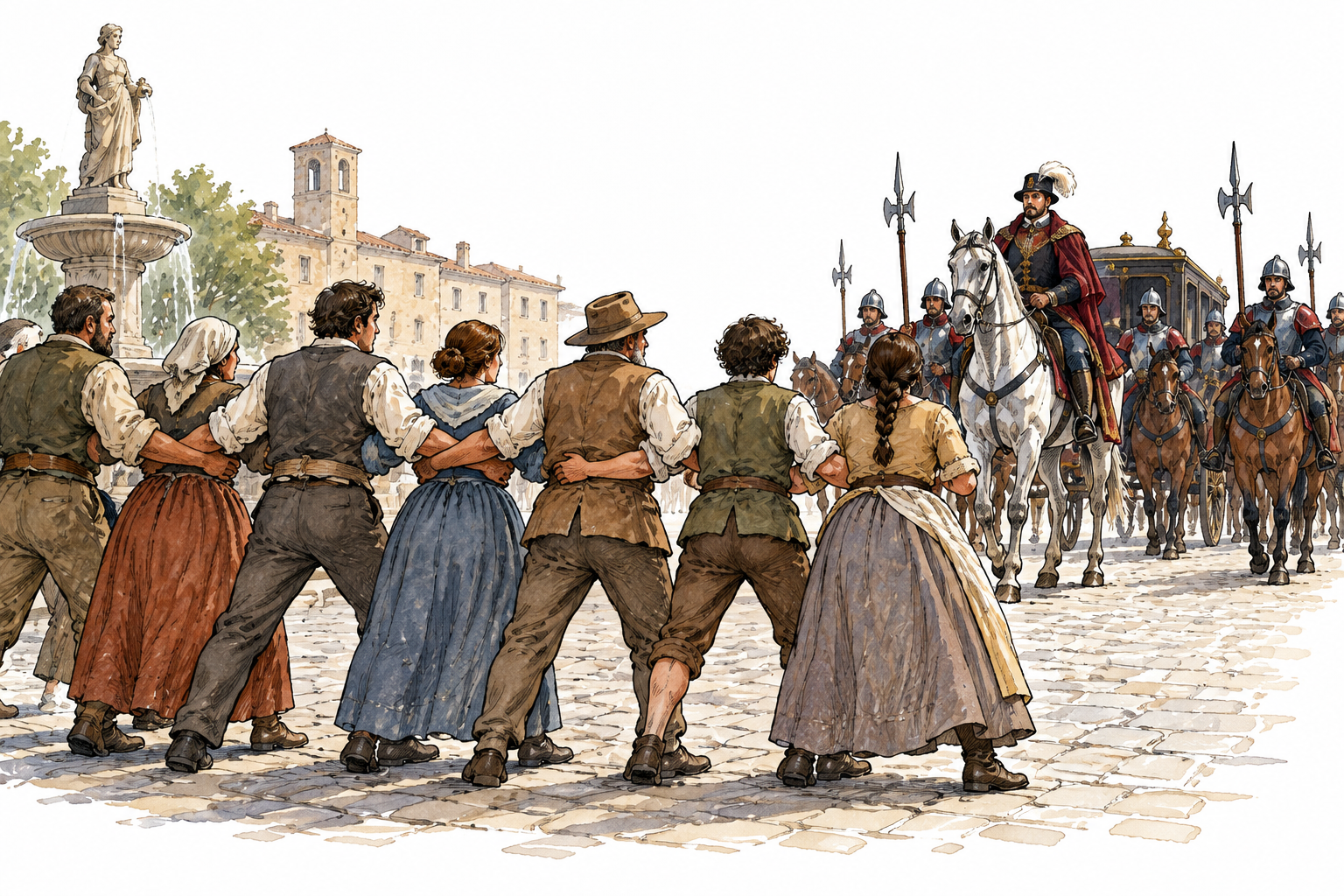 A coordinated group of citizens blocking an official procession in a public square, organized resistance shown through unified action, no banners or written text.