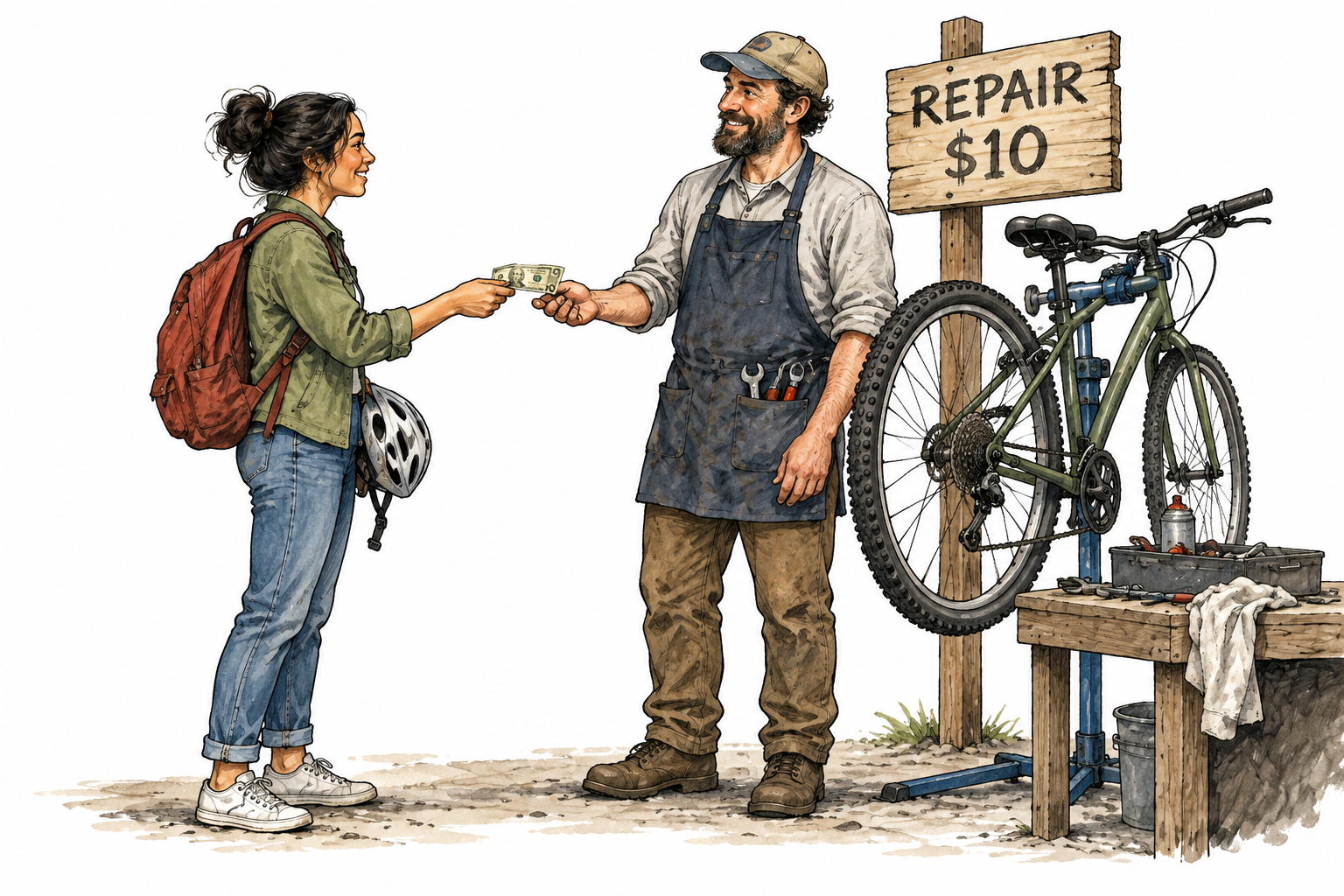 A customer pays a clearly posted 10-dollar repair fee to a bicycle mechanic, exact sign REPAIR $10.