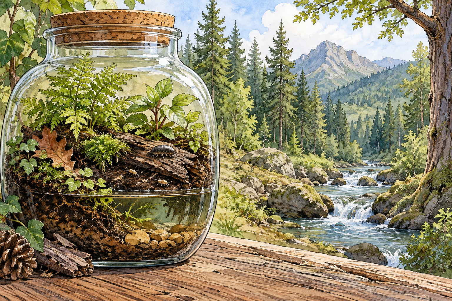 A small self-contained terrarium with soil, plants, water and tiny decomposer insects echoes the larger forest visible behind it, miniature ecosystem representing a greater whole.