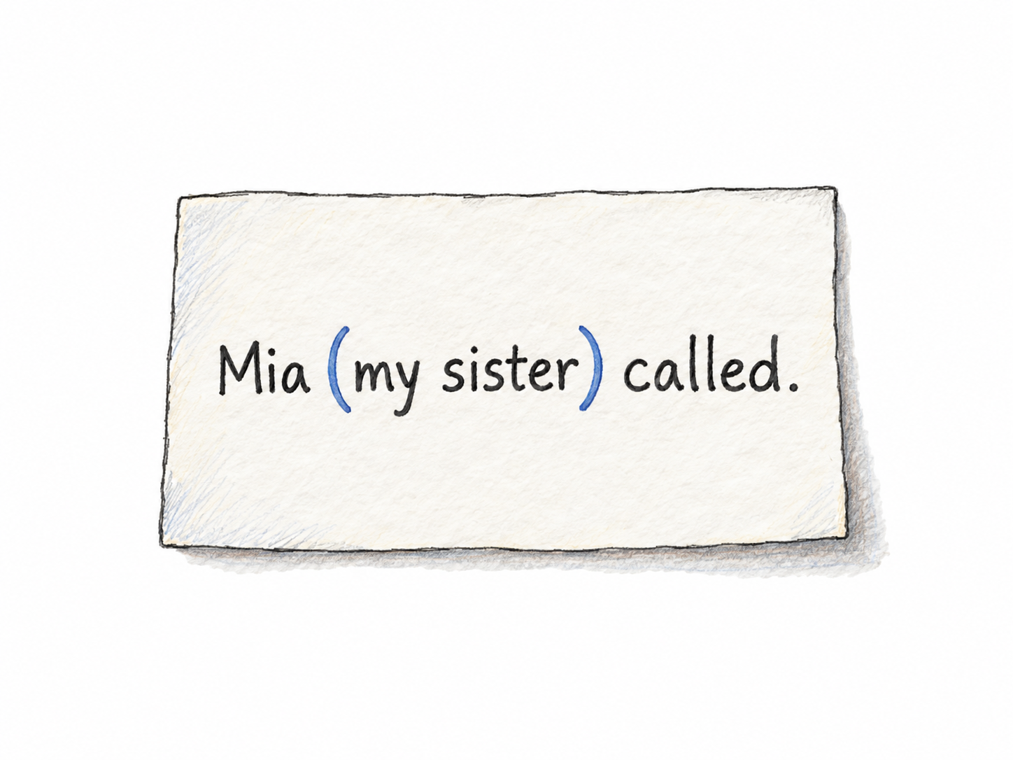 A close-up of a small paper slip bearing the short sentence “Mia (my sister) called.” The two curved parentheses are highlighted in restrained blue, visibly enclosing the optional information.