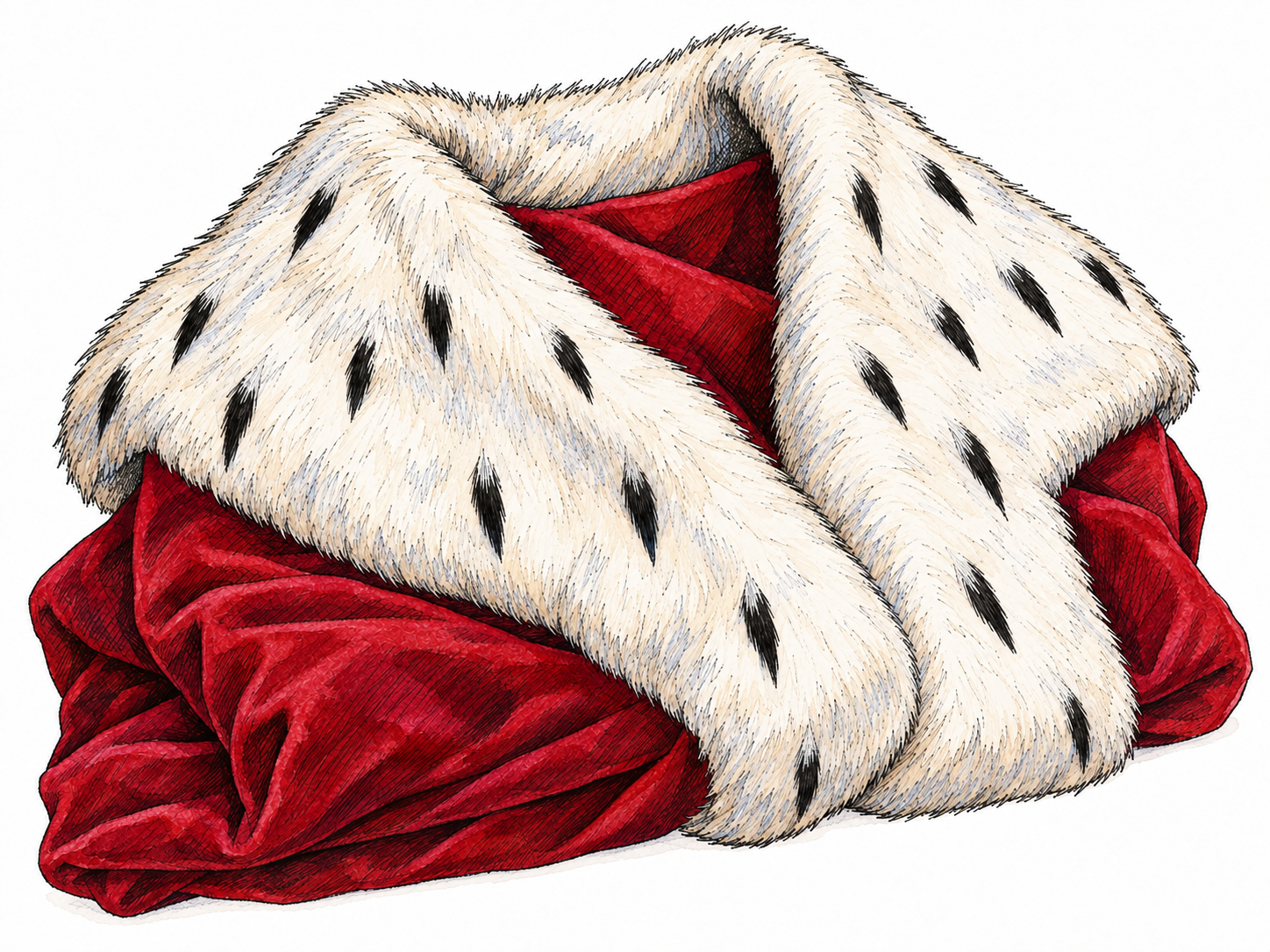 A close view of a ceremonial crimson mantle folded to display its broad white ermine-fur collar, with distinct black tail tips spaced across the white fur.