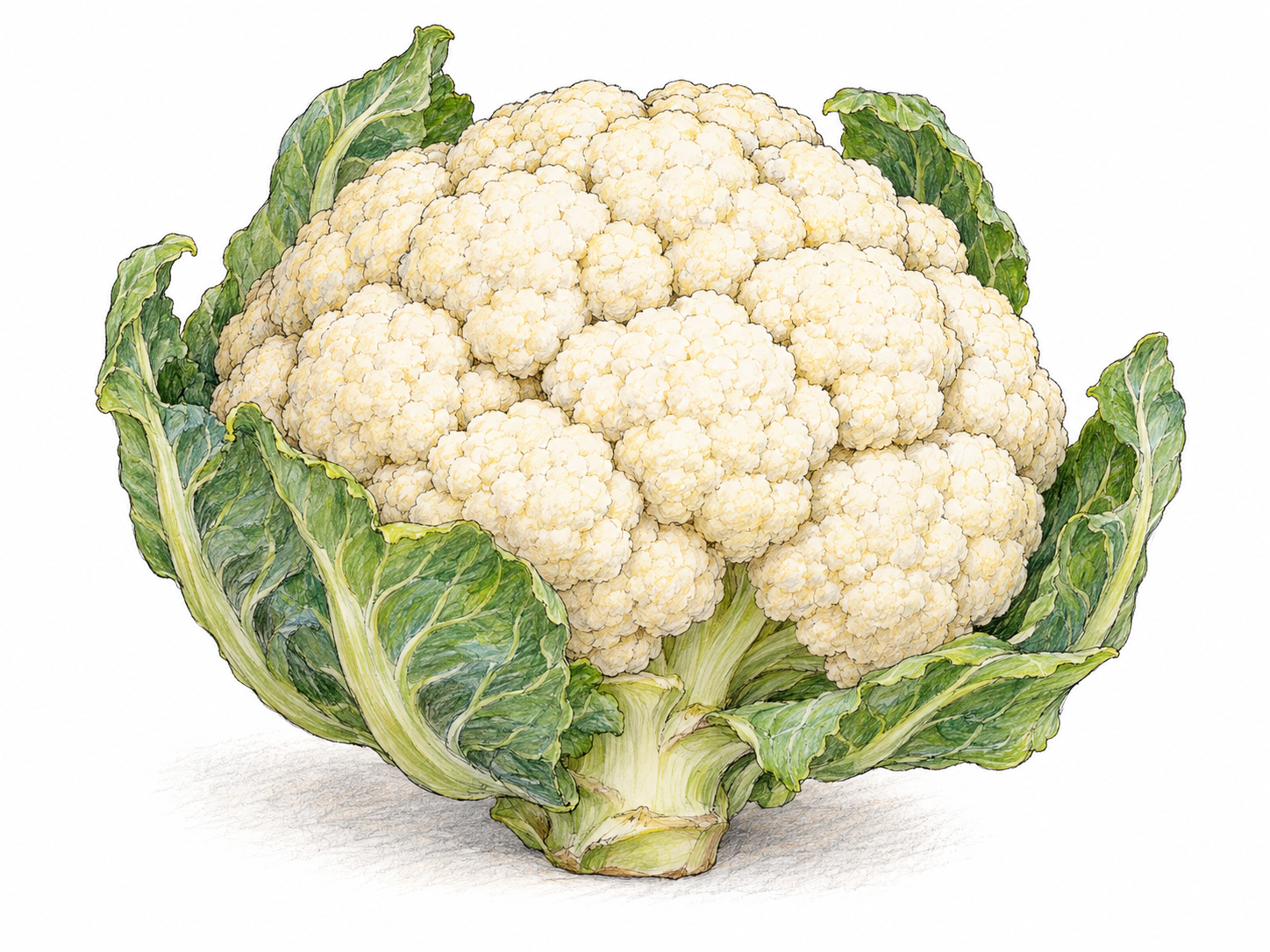 A single fresh cauliflower, shown close up with its compact ivory head exposed above a few curled green wrapper leaves.
