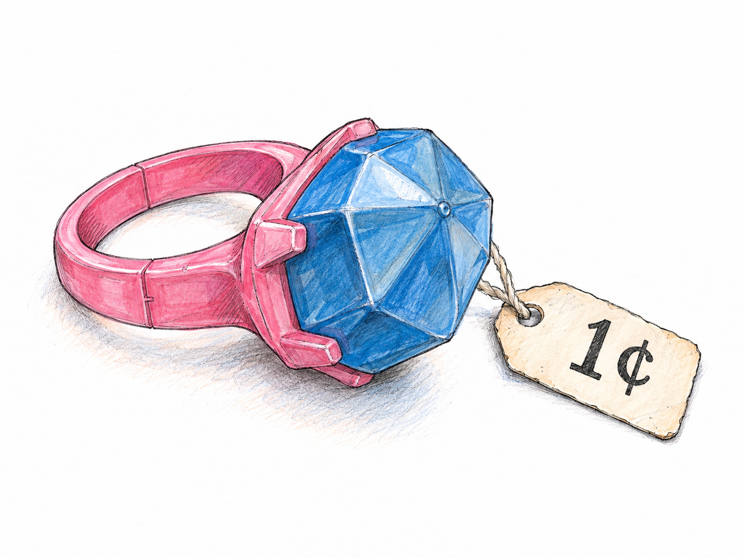 A tiny, cheaply molded plastic toy ring with an attached 1¢ price tag: a concrete little object of negligible value, rather than the dessert sense of trifle.