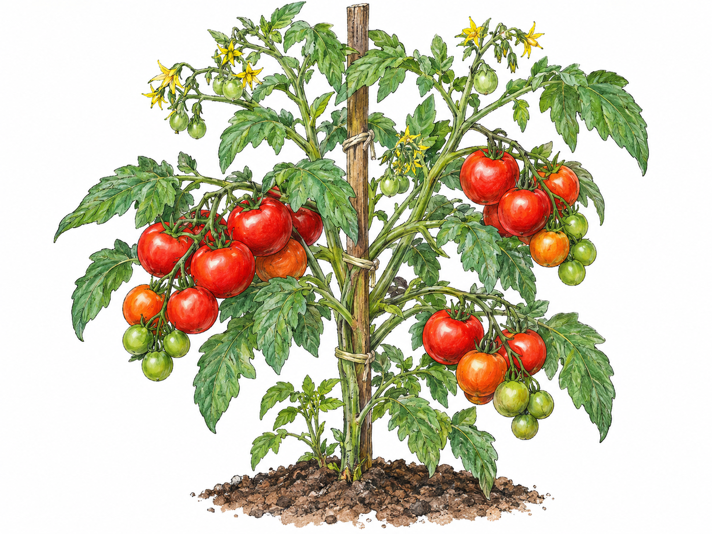 A thriving tomato plant bears abundant ripe and developing fruit while fresh flowers and new shoots visibly continue its growth.