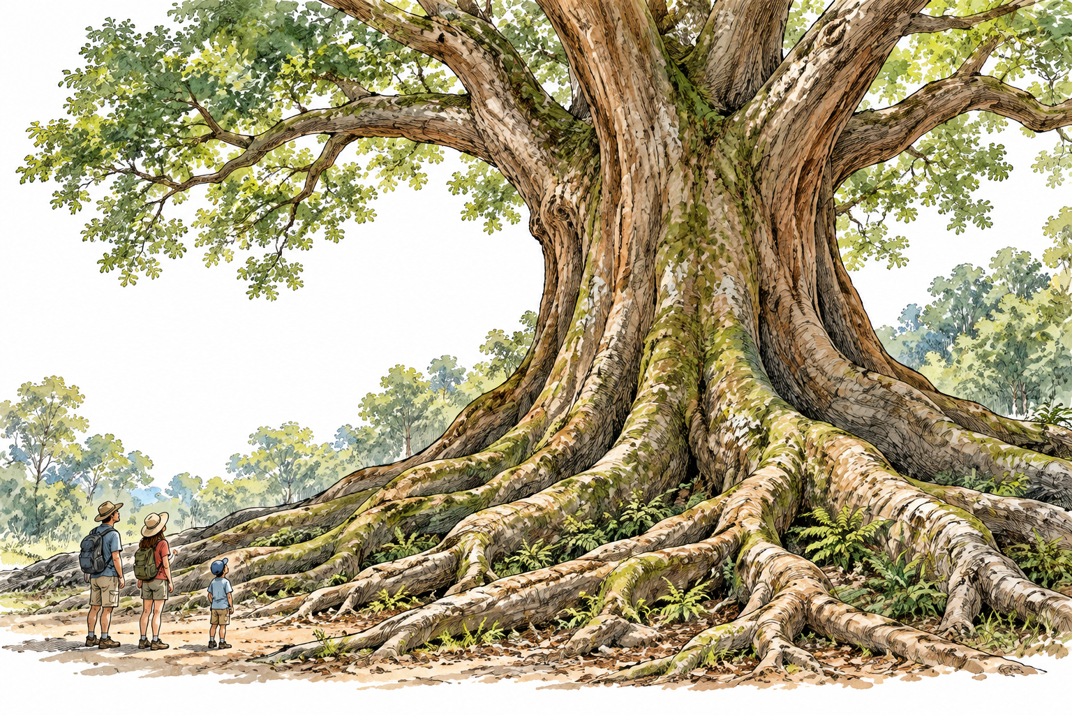 Enormous ancient tree with remarkable spreading roots dwarfs visitors, extraordinary unusual scale.