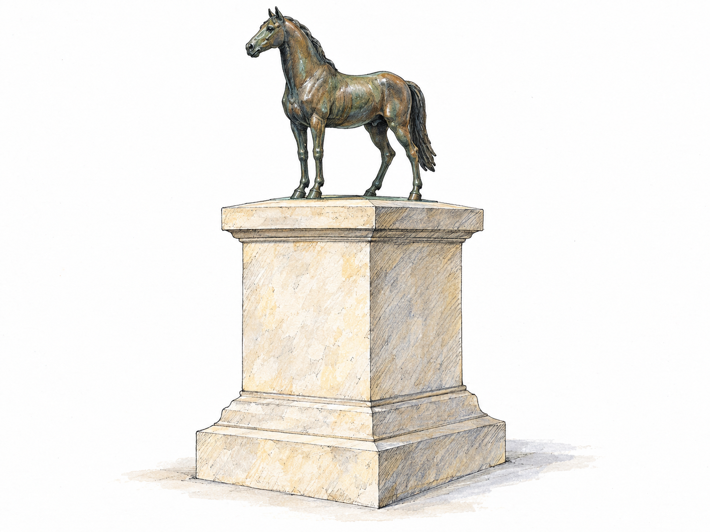 A substantial square stone pedestal visibly supports a small bronze horse sculpture.