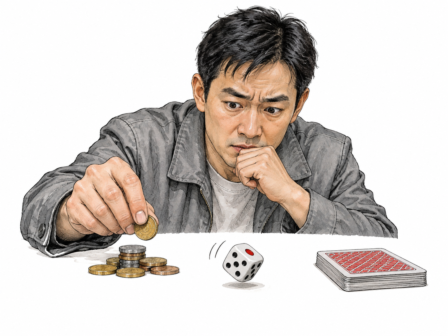 Adult stakes a small pile of coins beside face-down playing cards while one die is still tumbling, uncertain suspense visible in face; no luxury casino, no instructions or text.