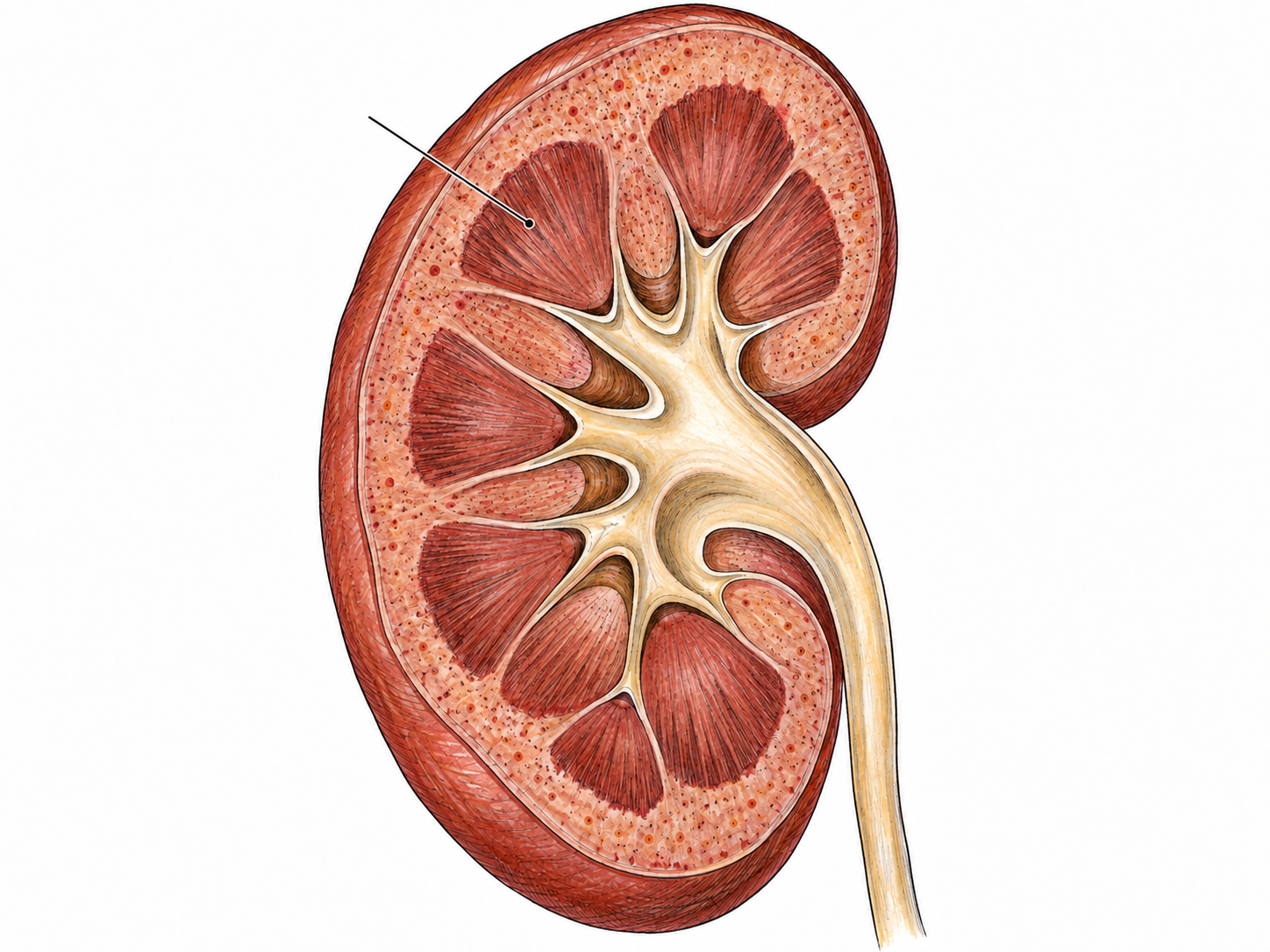 A clearly drawn kidney cut lengthwise to expose its inner medullary pyramids, with a small unlettered pointer identifying one pyramid beneath the distinct outer cortex.