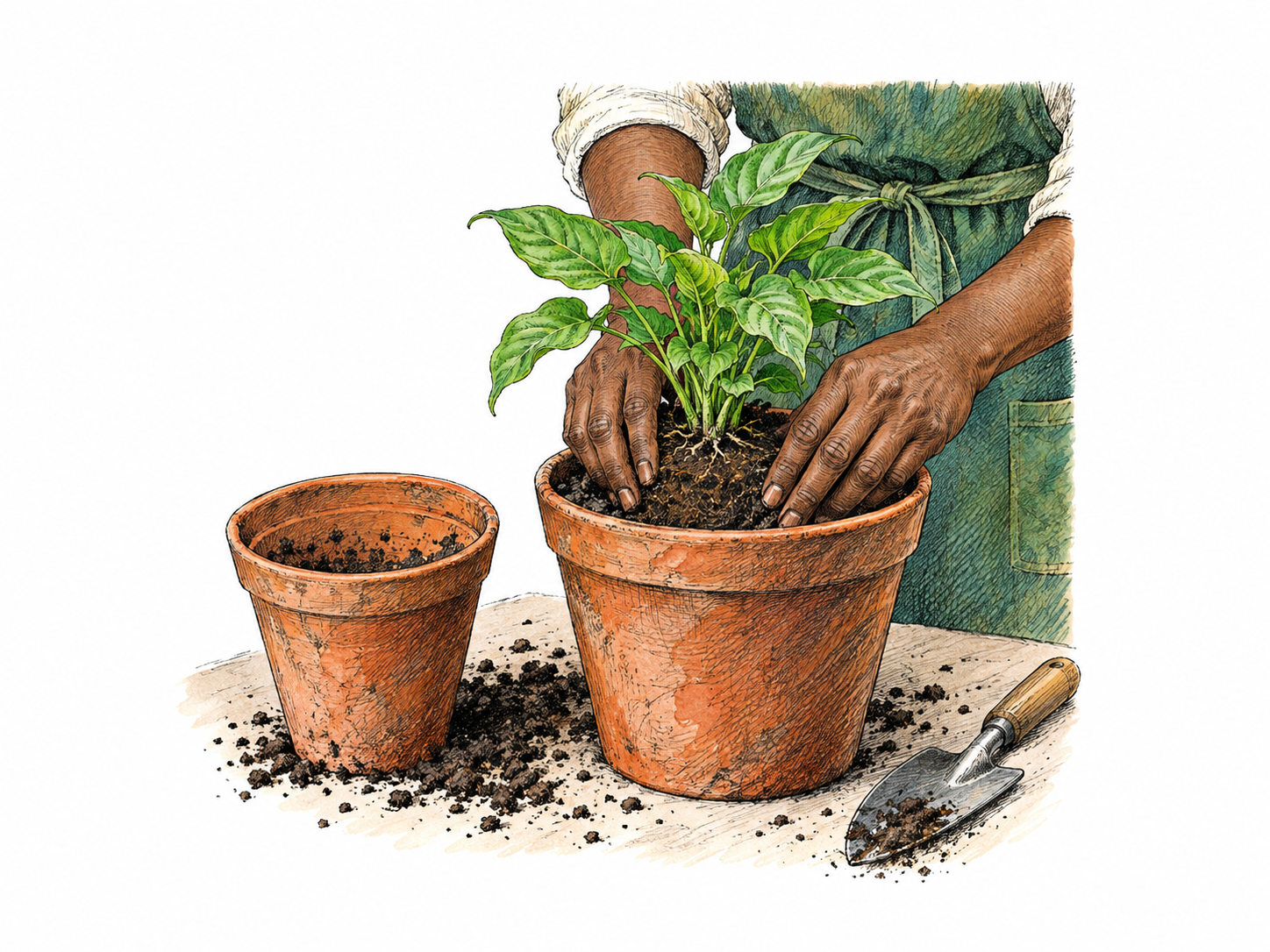 Two small plant pots, original empty with loose soil and new larger pot holding transferred intact rootball while hands settle soil; transfer complete, no arrows or text.