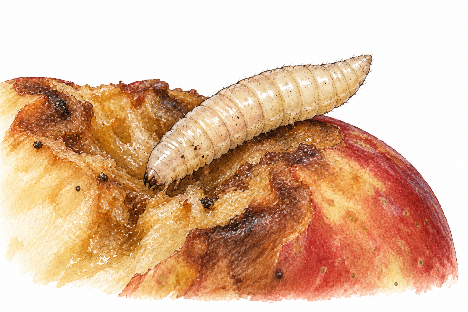 Close-up of one soft cream-colored legless fly larva on a decaying apple, segmented tapered body, subtle nearby fruit decay, biologically accurate natural subject.