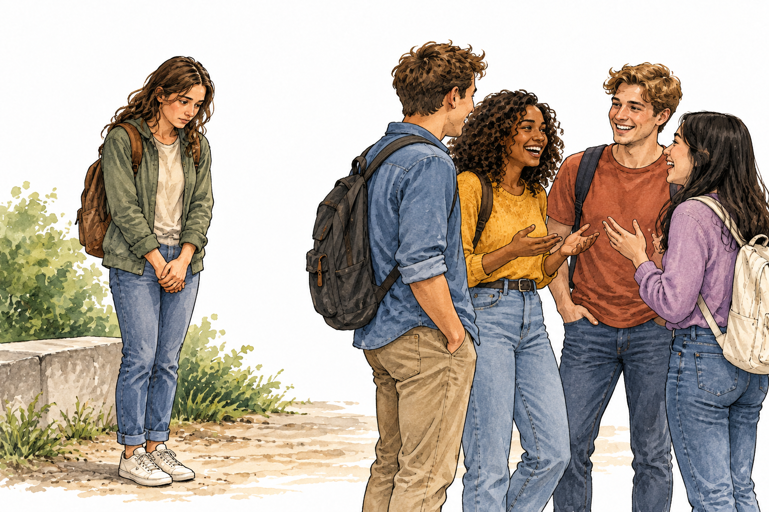 A hesitant young adult stays at the edge of a welcoming group, downcast eyes and clasped hands showing lack of confidence.