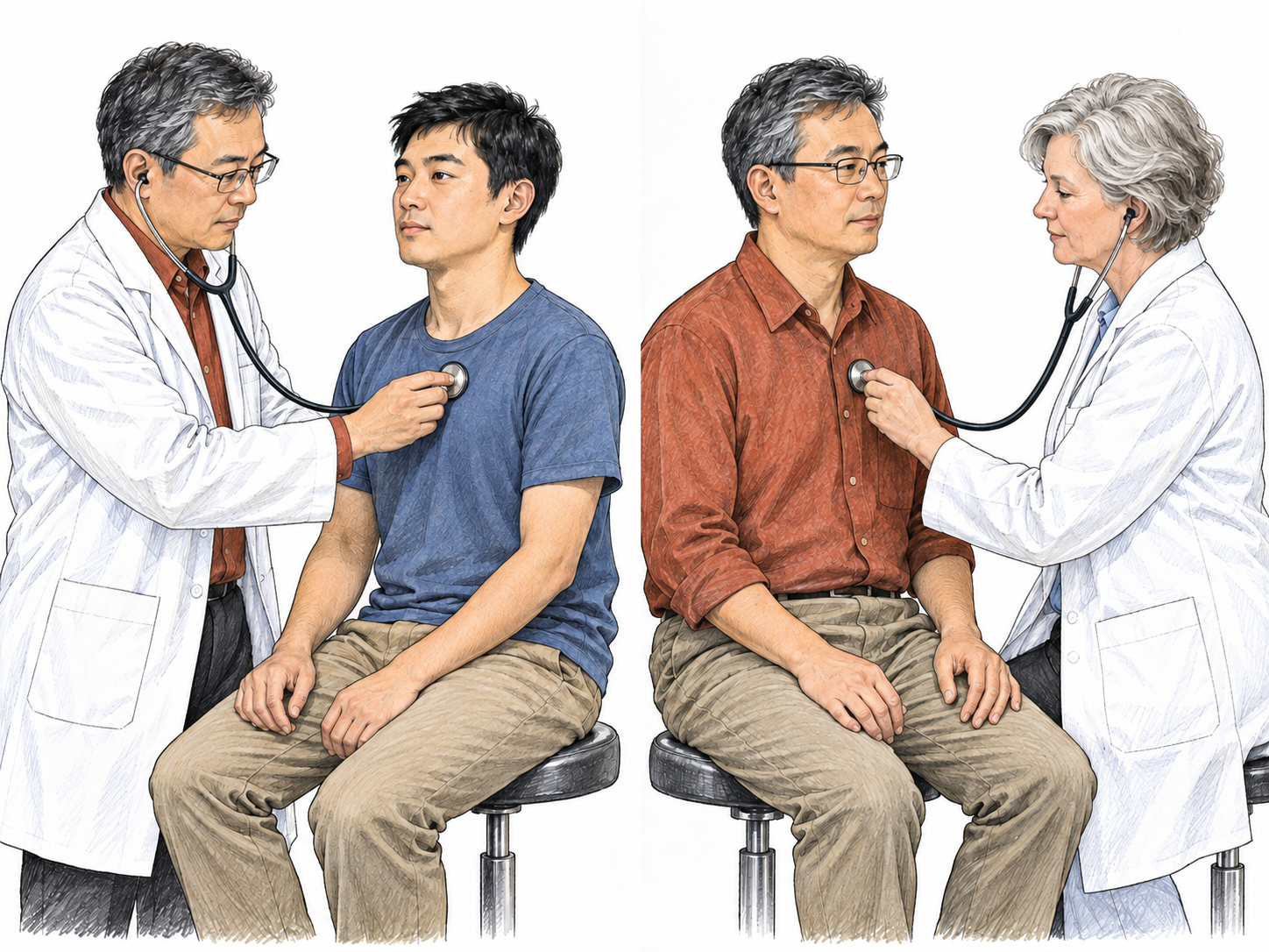 Show the same man in two contrasting capacities: as the doctor examining someone, and as the patient being examined.