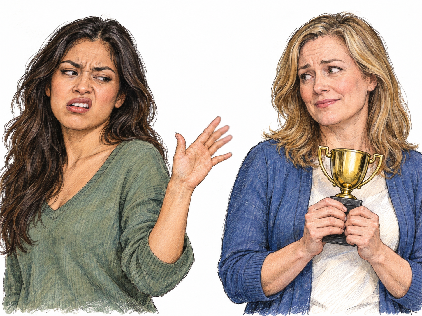 A woman visibly scoffs at another woman's proudly displayed small trophy, turning aside with a curled lip and a dismissive flick of her hand.